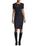 Newport Knit Tie-Neck Short-Sleeve Dress, Caviar