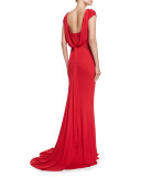 Cap-Sleeve Beaded Waist Tie-Back Gown 