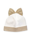 Metallic-Trim Wool-Blend Beanie w/ Bow, White/Gold