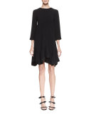 3/4-Sleeve Asymmetric-Hem Silk Dress, Black
