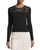 Long-Sleeve Ribbed-Knit Top w/ Floral Macrame Yoke, Black