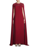 Beaded-Yoke Georgette Caftan Gown, Ruby