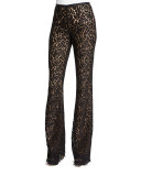 Floral-Lace Flare-Leg Pants, Black