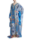 Printed Chiffon V-Neck Long Caftan, Blue Pattern
