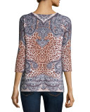 Superfine Half-Sleeve Bohemian Cashmere Tunic, Azure Multi
