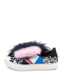 Mink-Fur Leather Monster Sneaker, Black/Multi