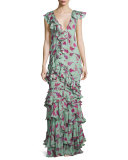 Queen Elizabeth Floral Tiered Gown, Light Teal/Pink