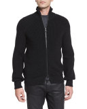 Harleston Zip-Up Ribbed Wool Sweater, Charcoal Melange
