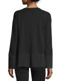 Long-Sleeve Knit V-Neck Top w/ Polished Tech Hem, Black