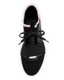 Mixed-Media Leather Lace-Up Sneaker, Black/Pink