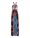 Printed Silk Keyhole Halter Gown, Black/Pink/Blue