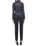 Fitted Stretch-Leather Jacket, Navy