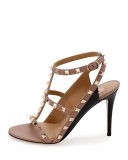 Rockstud Colorblock Caged 100mm Sandal, Nero/Poudre