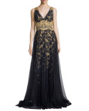 Sleeveless Embroidered Floral Tulle Gown, Navy