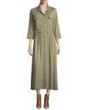 Mirette 3/4-Sleeve Snap-Front Midi Dress