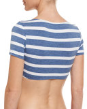 Chambray Cottage Striped Short-Sleeve Swim Top, Blue