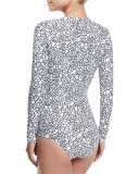 Long-Sleeve Zip-Front One-Piece Swimsuit, Pavimento