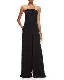 Beaded Strapless Wide-Leg Jumpsuit, Black