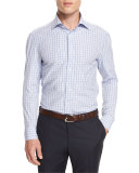 Box Check Mitered-Cuff Dress Shirt, White/Blue