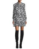 Long-Sleeve Floral Silk Tie-Neck Mini Dress, Ivory