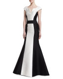 Cap-Sleeve Tuxedo Colorblock Gown, Black/White