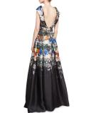 Folded Cap-Sleeve Degrade Organza Gown, Black/Blue
