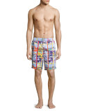 Maori Animal-Print Swim Trunks, Blue
