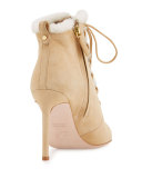 Becca Shearling Lace-Up Bootie, Camel/White