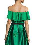 Off-the-Shoulder Crepe Popover Top, Emerald