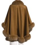 Fox Fur-Trimmed Cashmere U-Cape, Medium Brown