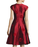 Cap-Sleeve Fit-and-Flare Jacquard Dress, Garnet