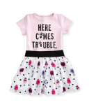 here comes trouble playsuit w/ crepe monster skirt, pink, size 12-24 months
