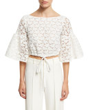Lydia Floral-Embroidered Lace Crop Top, White