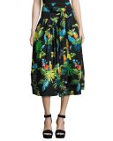 Belted Parrot-Print A-Line Midi Skirt, Black/Multi