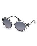 Round Open-Inset Snake Sunglasses, Black