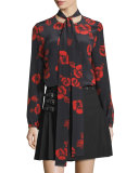Floral Silk Satin Tie-Neck Blouse, Black/Red
