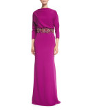 3/4-Sleeve Beaded-Waist Blouson Gown, Orchid