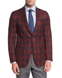 Tartan Plaid Super 140s Two-Button Sport Coat, Red/Navy