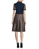 Ava Mixed-Media Pleated Skirt, Khaki Brown/Multicolor