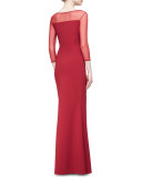 Alidora 3/4-Sleeve Illusion Boat-Neck Column Gown