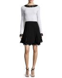 Lace-Trim Boat-Neck Wool Top, White/Black