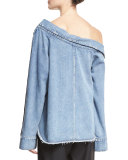One-Shoulder Denim Pocket Shirt, Blue