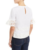 Lace-Trim Half-Sleeve Poplin Top, White