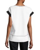 Short-Sleeve Contrast-Trim Punto Milano Top, White/Black