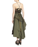 Sleeveless Mixed-Print A-Line Dress, Military Green/Rust