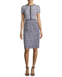 Tweed Keyhole Sheath Dress, Navy/White