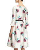 3/4-Sleeve Fit-&-Flare Day Dress, Ruby