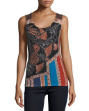 Folklore Printed Superfine Cashmere Tank, Cognac Multi