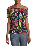 Relax Off-the-Shoulder Floral Silk Top, Blue