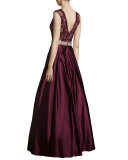 Sleeveless Embellished Lace & Satin Ball Gown, Burgundy